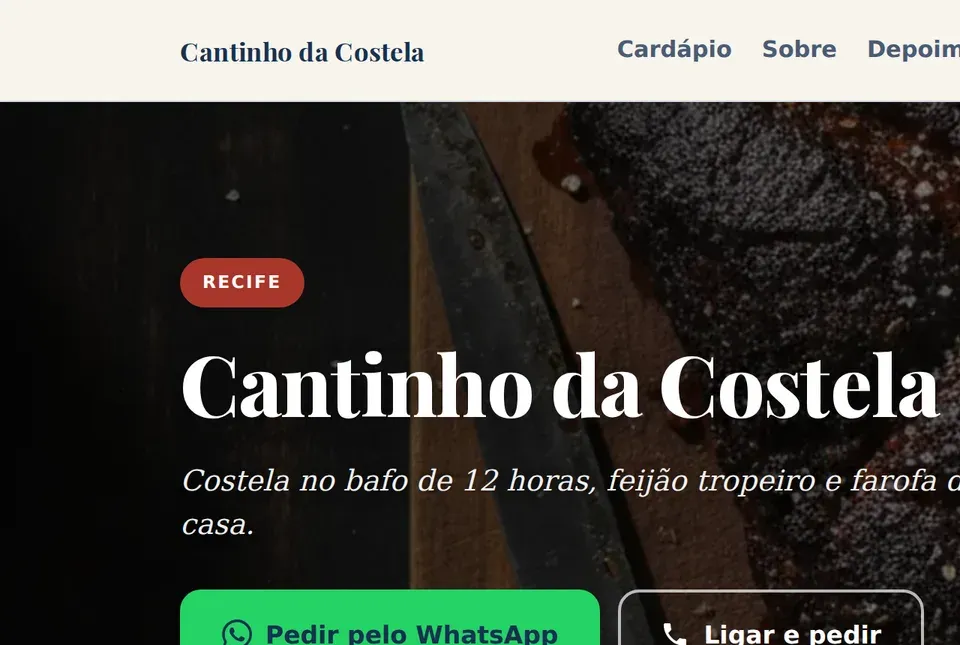 Capa do site de demonstração — Cantinho da Costela