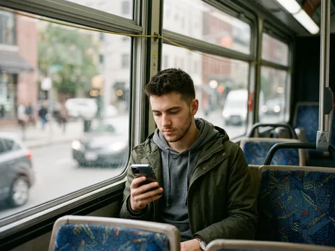 Rapaz no ônibus procurando algo no celular