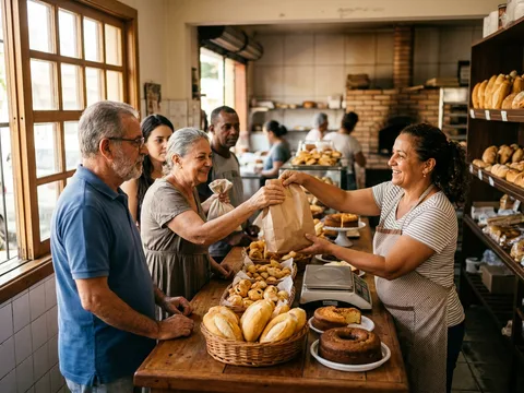 Balcão de padaria com clientes sendo atendidos