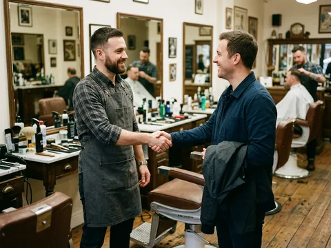 Barbeiro apertando a mão de um cliente na barbearia