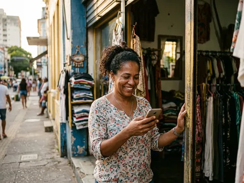 Dona de uma loja de roupas na porta do próprio negócio, olhando o celular